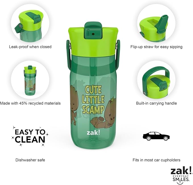Zak Designs Harmony Marvel Groot Water Bottle for Travel or At Home, 18oz Recycled Plastic is Leak-Proof When Closed with Straw Lid and Carry Handle, 2-Pack (Groot)