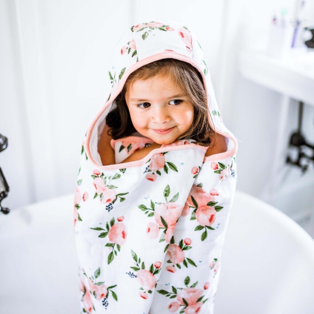 Little Unicorn Premium Hooded Bath Towel| Absorbent Cotton & Terry Blend | Larger Size, 1-6 Years (Watercolor Roses)