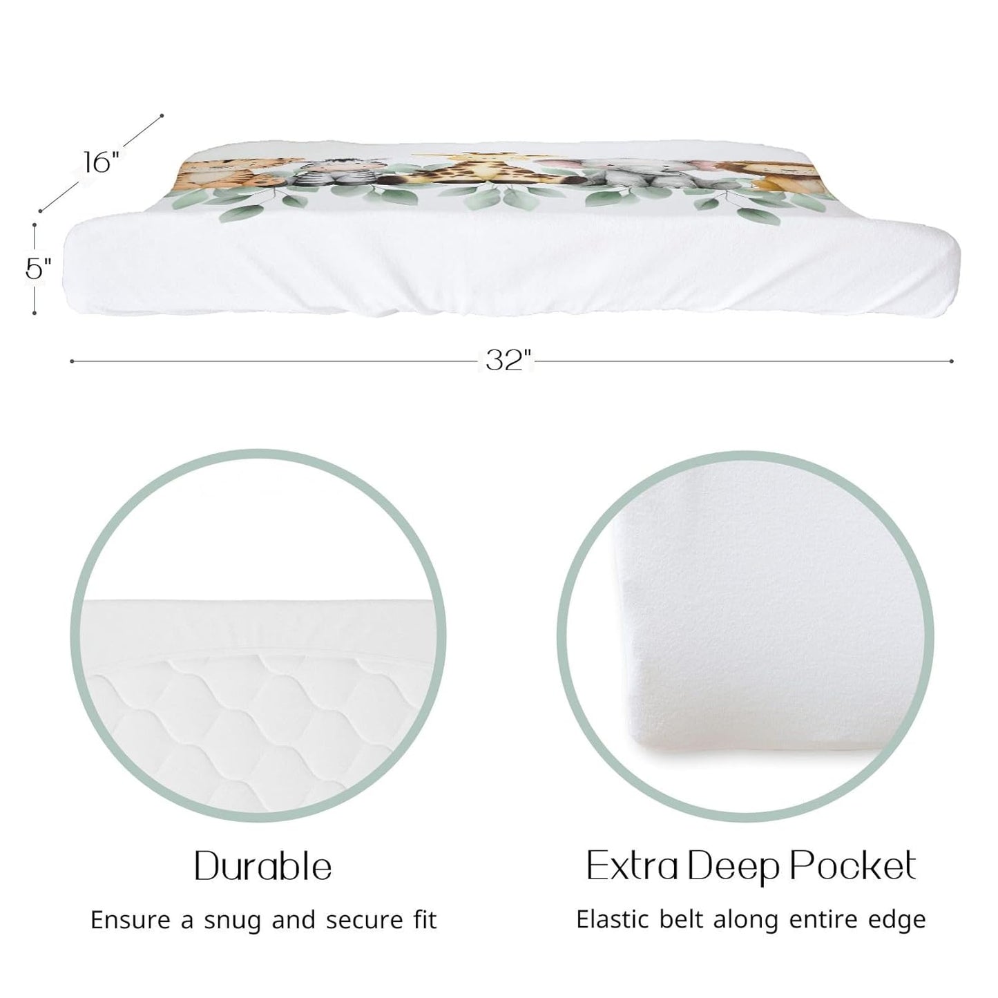 HawSkgFub Safari Jungle Baby Animal Leaf Changing Pad Cover, Natural Elephant Giraffe Zebra Lion Tiger Diaper Change Table Covers, Soft Stretchy Safe Snug Fitted Changing Mat Sheets Fit 32"/34" x 16"