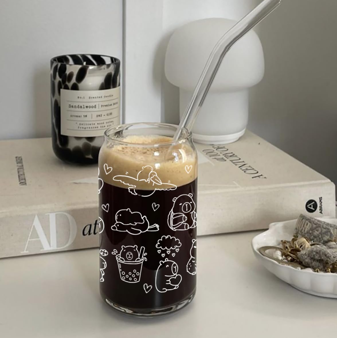 Cute Capybara Stuff - Glass Cup with Lid and Straw, Capybara Gifts for Women Girls, Funny Birthday Decoraions, Iced Coffee Cup Smoothie, 16 oz