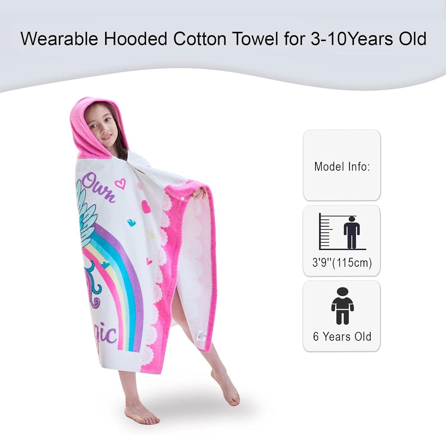Kids Towels with Hood Age 3-10, 30''X50, Soft | Thick | 100% Cotton | Absorbent | Large Wrap| Cover Up, Perfect for Beach, Pool, Bath, Swim, White Magic Unicorn