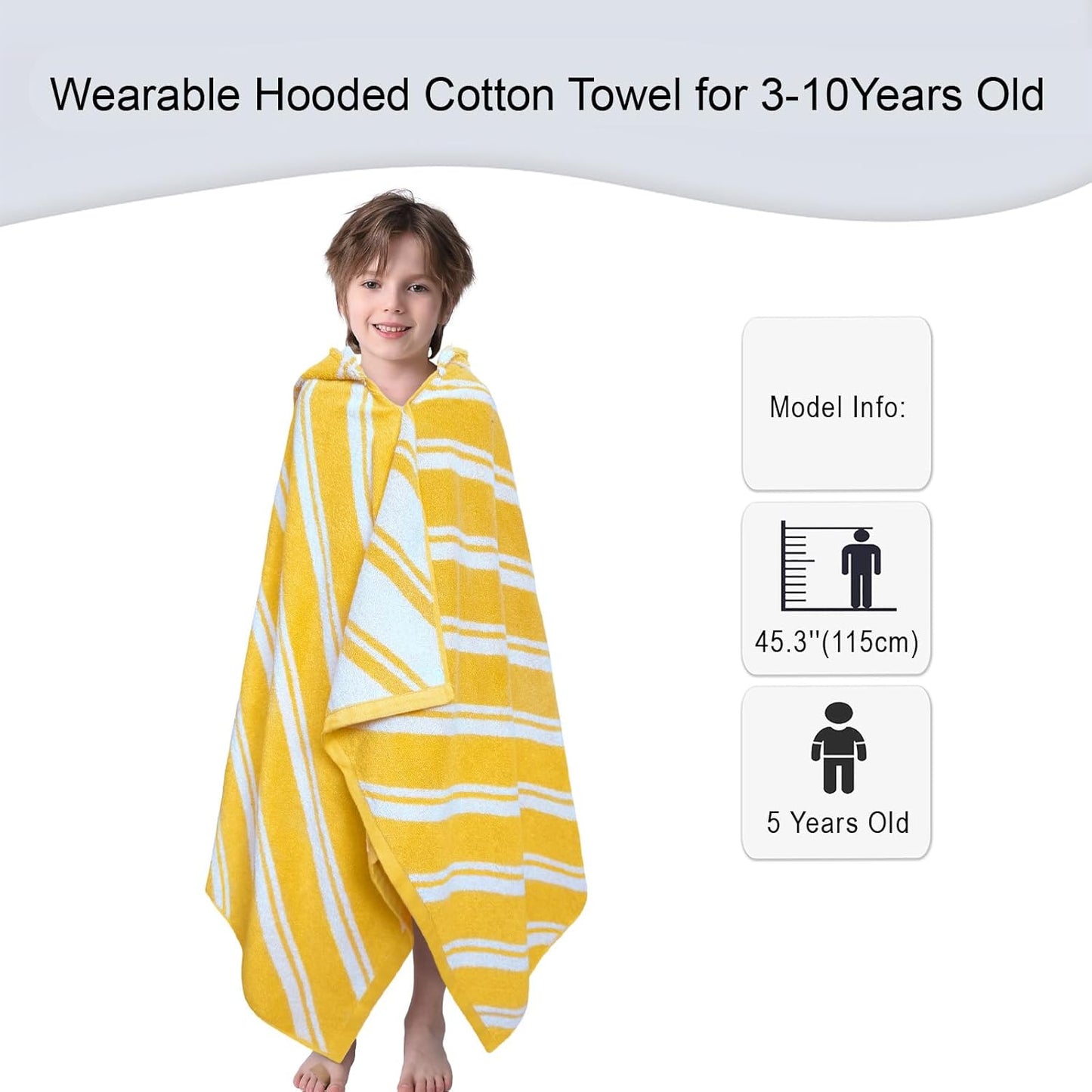 VOOVA & MOVAS Hooded Bath Towels for Kids (3-10Years,27.5"x55"),100% Cotton Absorbent Soft Towel Wrap for Toddler Boys,Perfect for Bathroom | Pool | Beach | Swimming, Jacquard Yellow Stripe