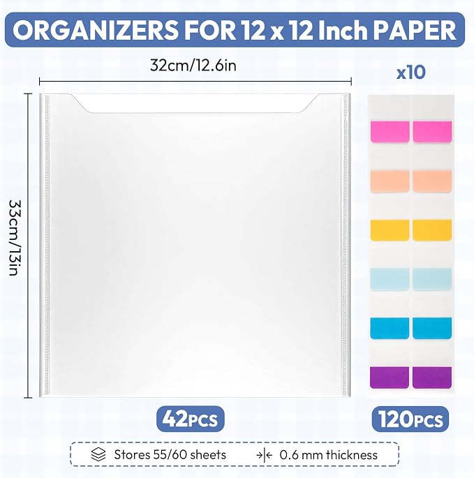 42 Pack 12x12 Scrapbook Paper Storage Organizer w/120 Label Stickers, Photos