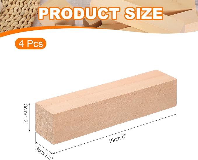MECCANIXITY 4Pcs Basswood Carving Block, 1.2"x1.2"x6" Square Wooden Dowels