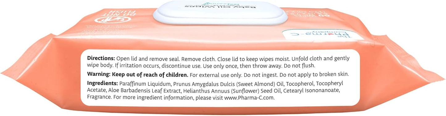 The Pharma-C Company Baby Oil Wipes. (60 Wipes) Enriched with Almond and Sunflower Oils, Aloe and Vitamin E.