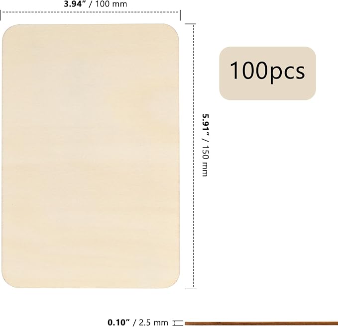 ZOENHOU 100 PCS 6 x4 Inch Unfinished Basswood Blanks, Rectangle Wood Pieces