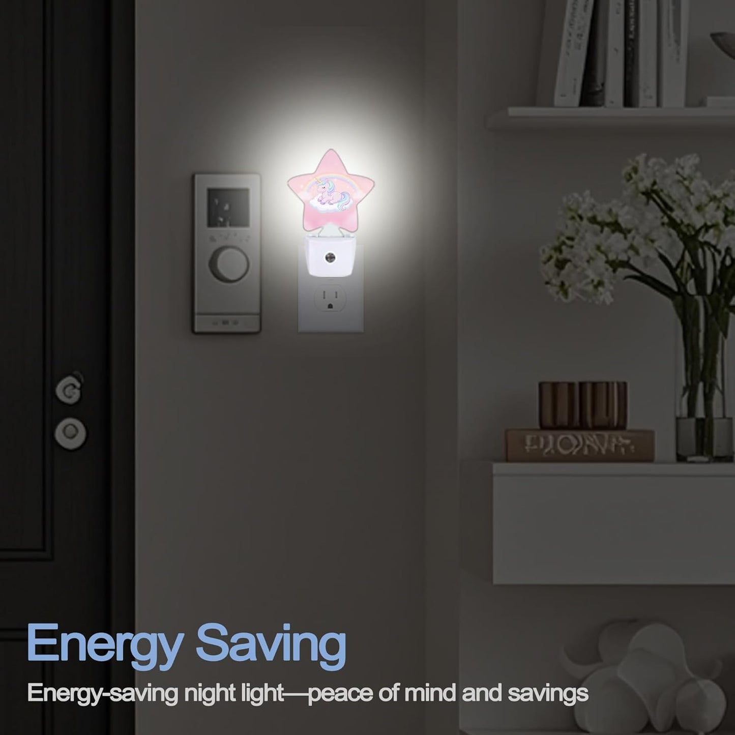 Rainbow Unicorn Dusk to Dawn Star Night Light,Cute Pink Sky Smart Sensor Nightlight for Bedroom Kitchen Hallway Stairs,Plug-in Energy Efficient Decor Desk Lamp Women Men Gifts