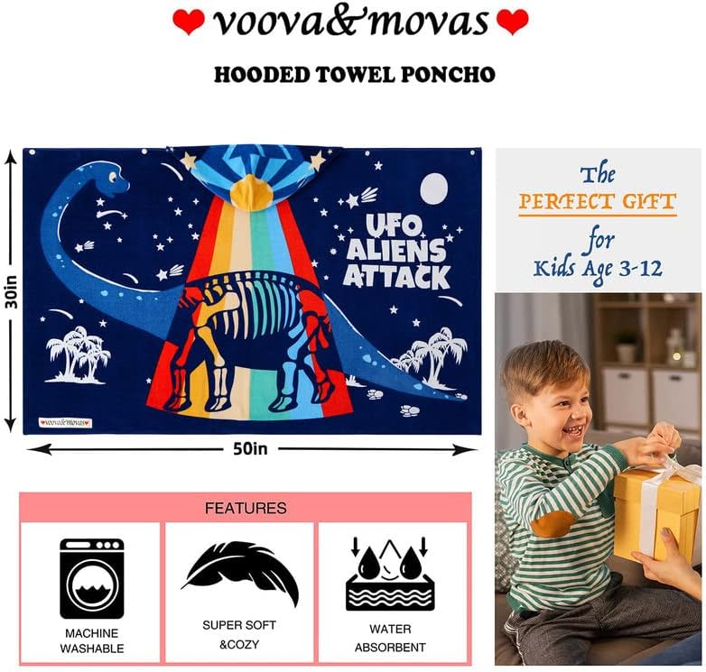 VOOVA & MOVAS Toddler Bath Towel with Hood for Kids Age 3-10, 30''X50, Soft | Thick | Absorbent Cotton Wrap Blanket, Beach, Pool, Swim | Bath Use, Dinosaur Under The UFO
