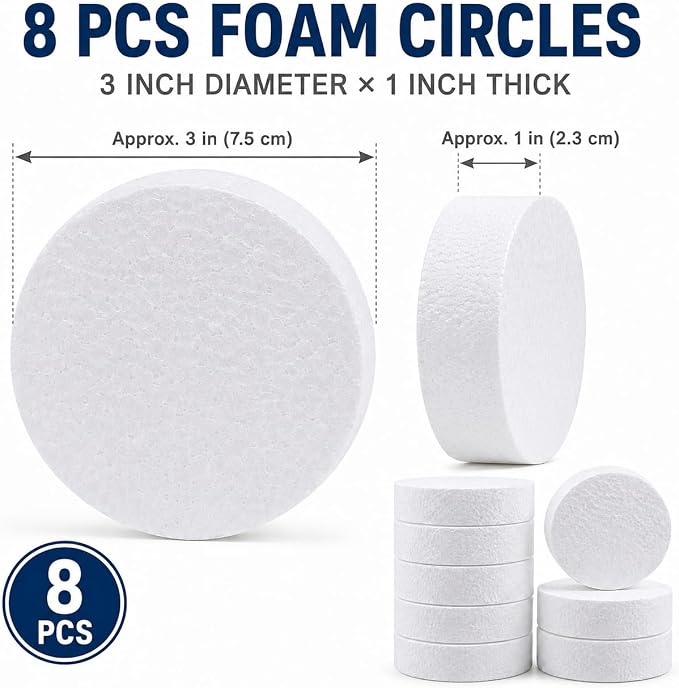 8 Pcs 3 Inch Foam Circles for Crafts, 1 Inch Thick White Polystyrene Round Foam