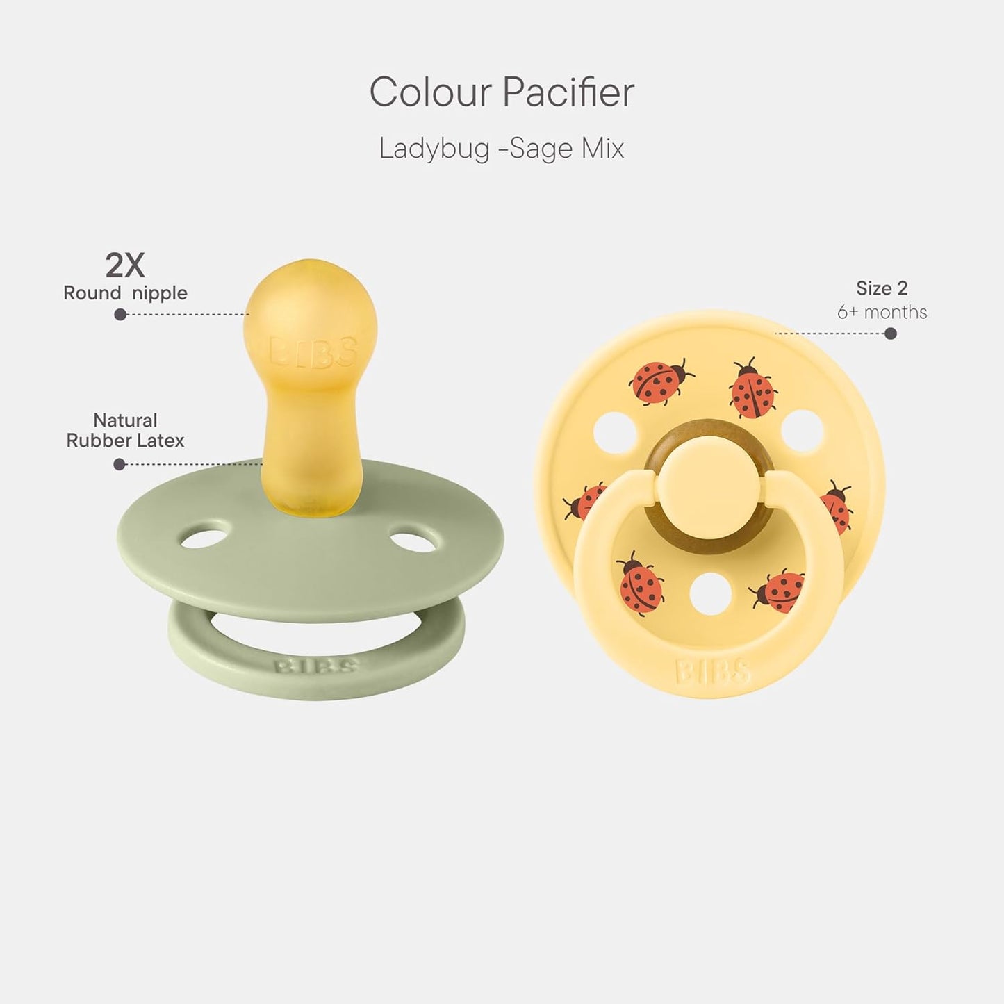 BIBS Studio Soother 2-Pack, BPA Free Dummy Pacifier, Round Nipple. Natural Rubber Latex, Made in Denmark, Size 2 (6-18 Months), Sage/Pale Butter