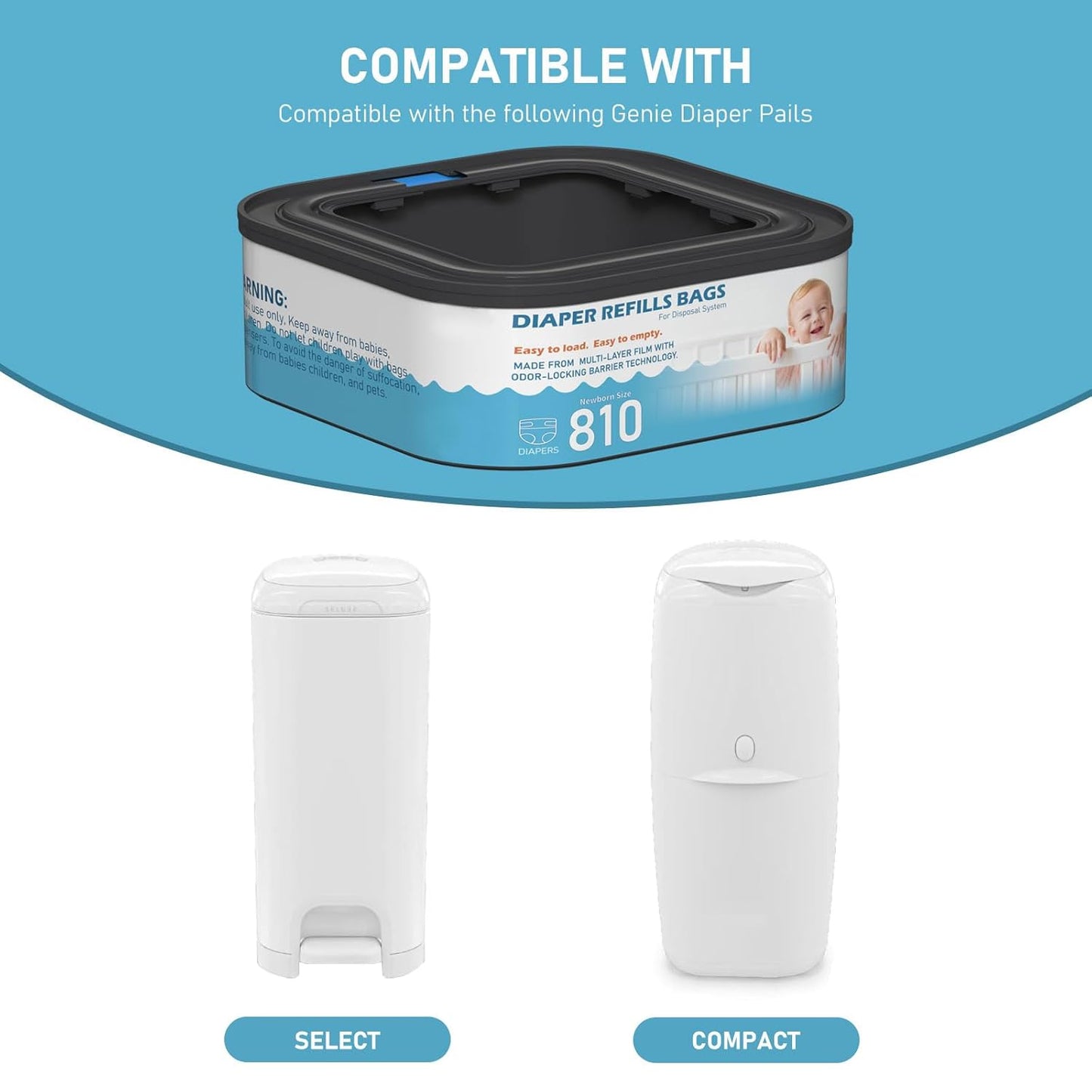 Jumbo Square Refills Disposal Bags Refill (Baby Powder Scent) Compatible with Diaper Genie Classic, Compact and Select Pails, Hold Up to 810 Newborn-Sized Diapers Per Refill, 4 Packs