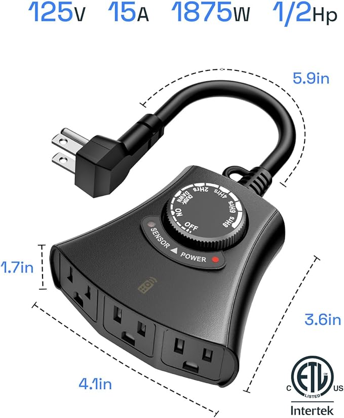 HBN Outdoor Light Timer with Remote Control, Waterproof Light Sensor Timer, 100 ft Wireless Range, 2 Grounded Outlets for Christmas Lights, 15A 1/2HP Heavy Duty