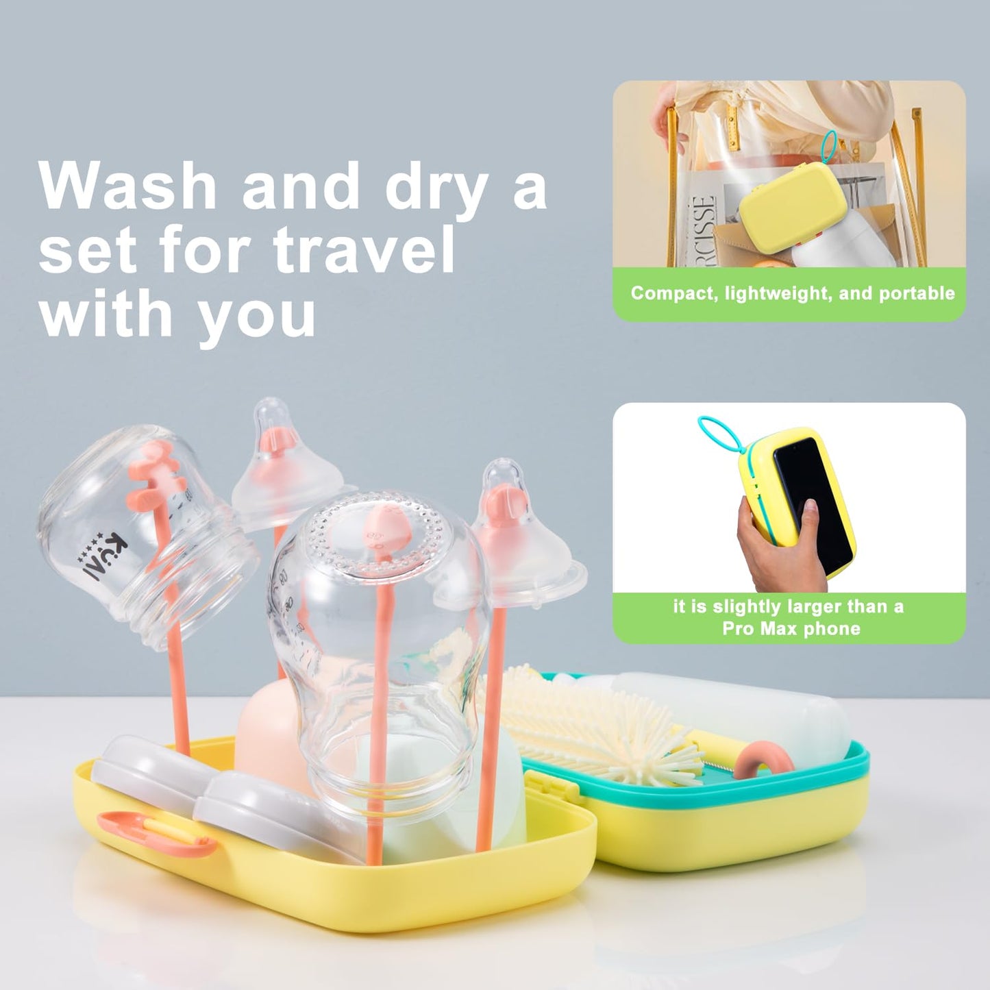 7in1 Travel Bottle Cleaner kit,Baby Essentials, with Bottle Brush、Nipple Brush、Straw Cleaner Brush、Soap Dispenser、Bottle Drying Rack、Drainage Tray、Storage Box,Baby Travel Essential (Yellow)