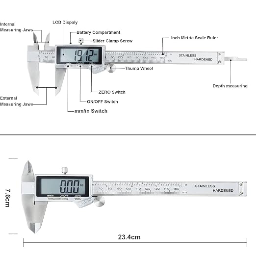 Digital Caliper Measuring Tool, IP54 Waterproof Stainless Steel Vernier Caliper