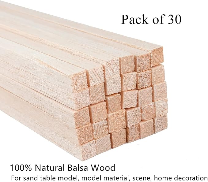 30 Pack Square Wood Dowel Rods 3/8x3/8x12 Inch Balsa Wood Sticks Natural Wood