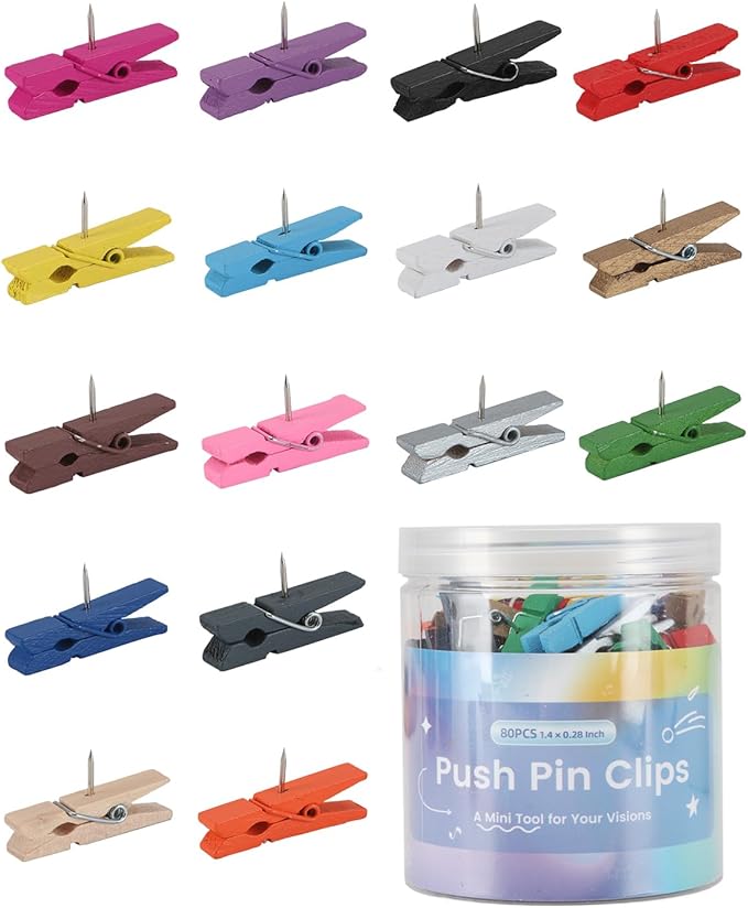 80Pcs Colorful Wooden Push Pin Clips, Decorative Thumbtack