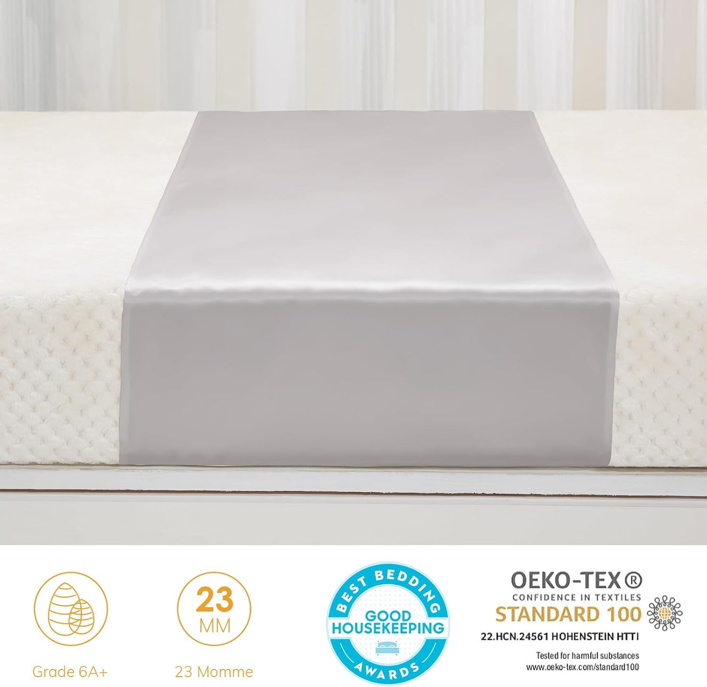 PROMEED 2 Pack Baby Silk Bassinet Sleeve, 23 Momme Pure Silk Cot Semi Sheet, Adjustable for All Standard Bassinet/Cradle/Cot/Crib Mattress (Light Grey)