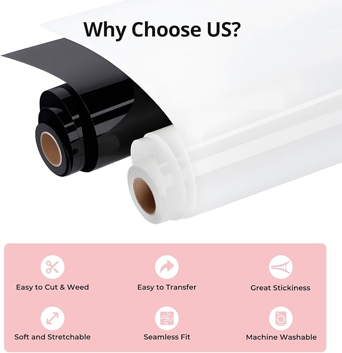 HTVRONT White and Black 12" x 5ft HTV Vinyl Rolls | Easy Cut & Weed, Heat
