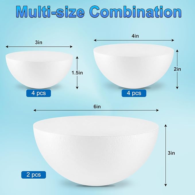Yalumo Half Foam Balls for Crafts, 10 Pack Multi-Size Smooth Polystyrene Half