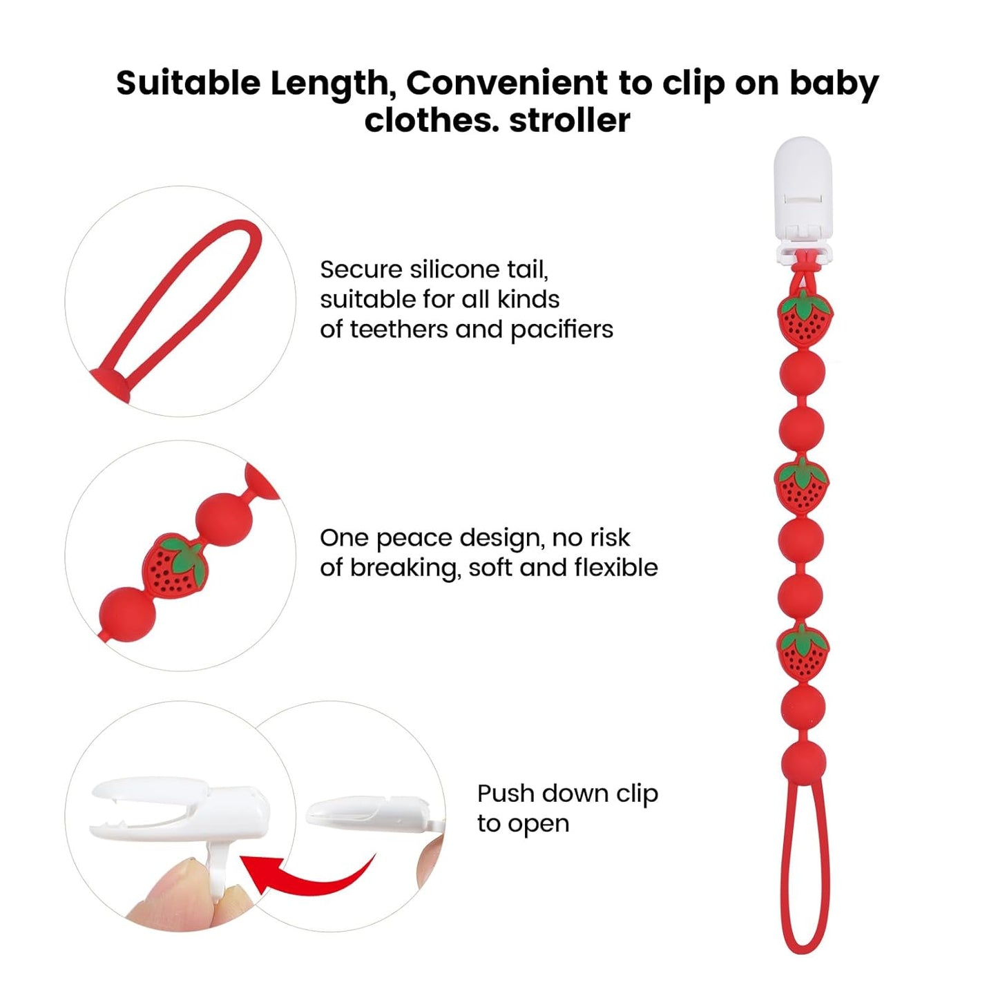 Cute Animal Baby Food Grade Silicone Teether Toy with One Piece Design Pacifier Clip Holder,Teething Pain Relief Toys Gift Set for 3 Months+ Boys and Girls,Freezer Safe,BPA Free (Strawberry)