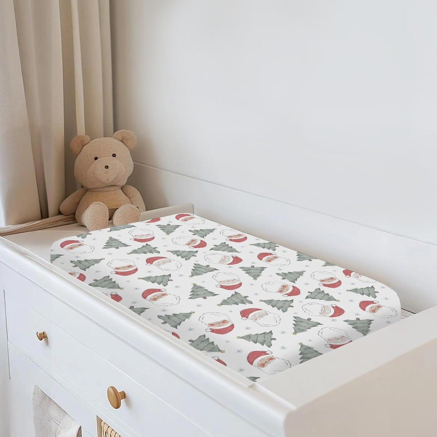 Pastel Santa Christmas Trees Baby Changing Pad Covers for Boy Girl Red Santa Claus Snowflakes Fitted Changing Table Cover Mats Winter Holiday Festive Soft Diaper Change Table Cover Sheets 32''×16''
