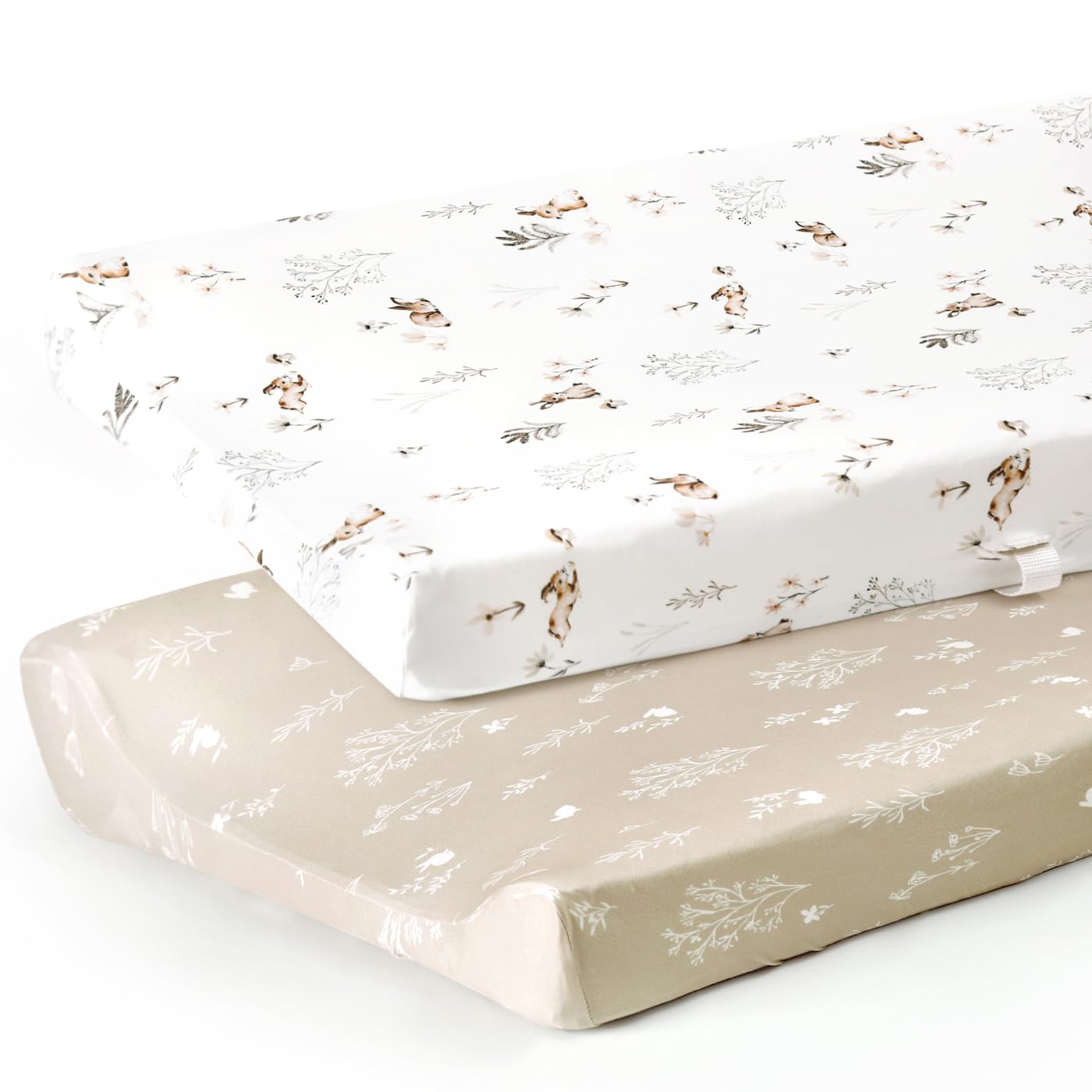 GRSSDER Stretch Ultra Soft Jersey Knit Changing Pad Cover Set 2 Pack, Change Table Pad Covers Fit 32"/34" x 16" Pads Safe and Snug, Pretty Pattern for Boys and Girls, Stylish Watercolor Rabbit Pattern