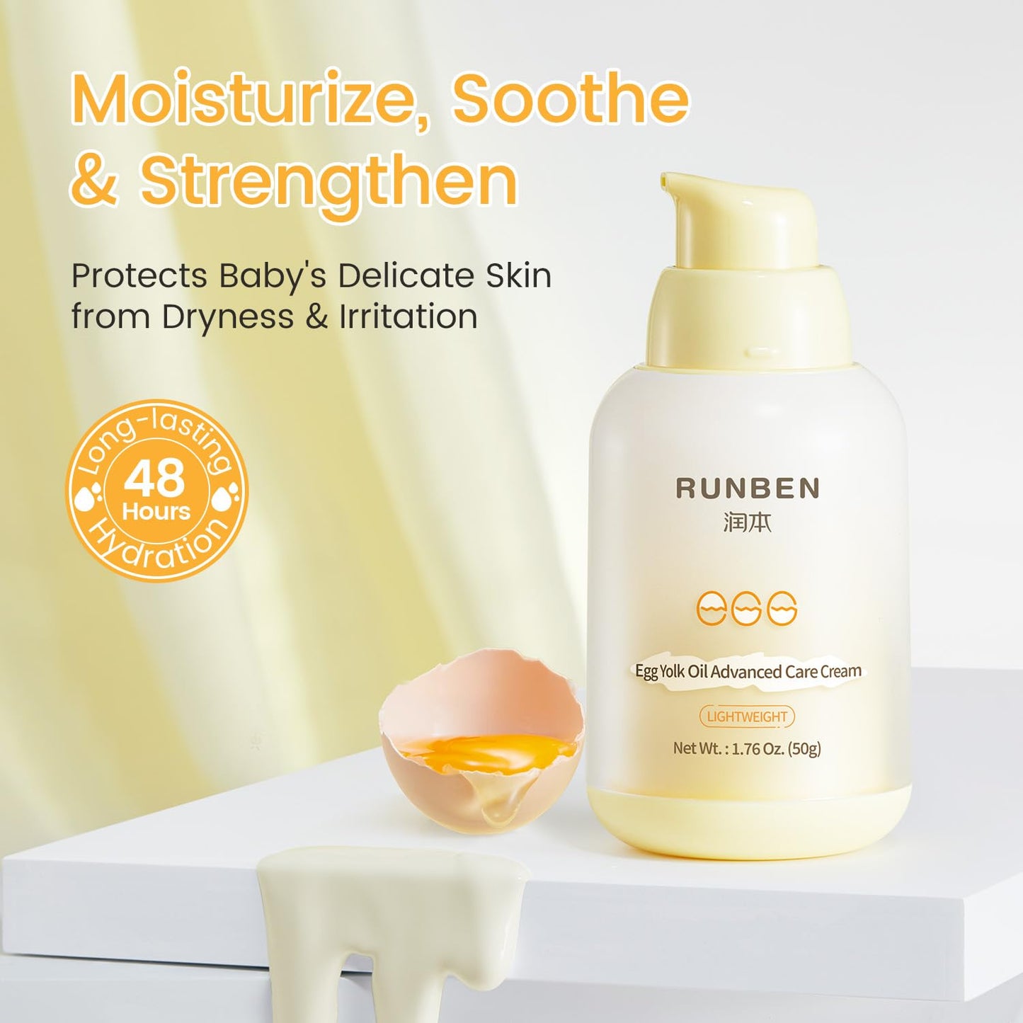 RUNBEN Baby Face Cream with Egg Yolk Oil, 48H Deep Moisturizing, Gentle & Non-Greasy Kids Face Lotion, Dry & Sensitive Skin Care for Baby, Fragrance-Free, 1.76 oz