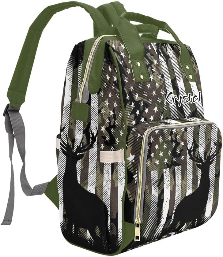 Camo American Flag Deer Antlers Diaper Bags with Name Waterproof Mummy Backpack Nappy Nursing Baby Bags Gifts Tote Bag for Women
