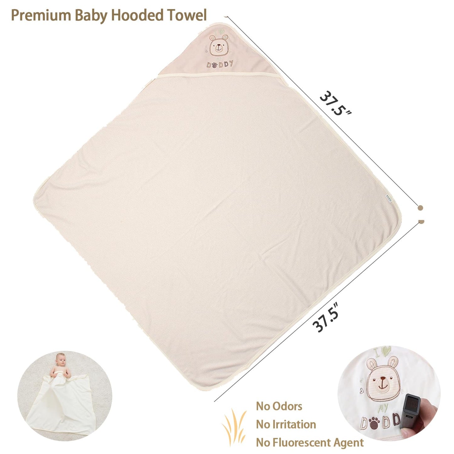 6-Pack Organic Cotton Baby Hooded Towel & Washcloths Set - Ultra Soft, Reusable, Baby Bath Towel for Newborns, Infants & Toddlers, Unisex Gifts, Brown 37.5 x 37.5 Inches