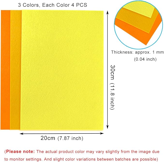 12 PCS Felt Fabric Sheets Shades of Yellow, 7.87*11.8 inch A4 Stiff Felt Square