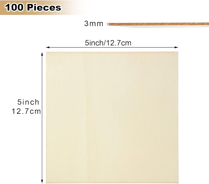 100 Pieces 5x5 Inch Wood Squares Unfinished Basswood Plywood Wooden Sheets 1/8