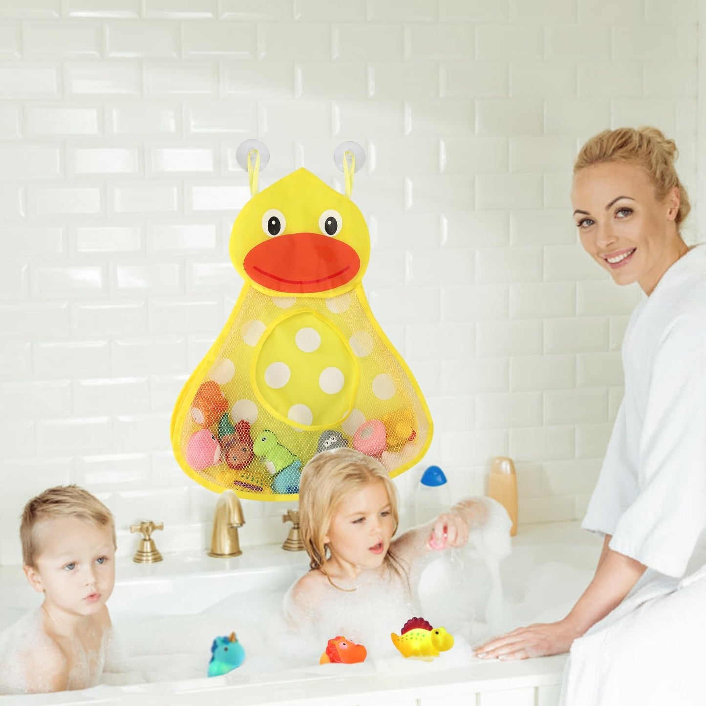 12 PCS Light Up Bath Toys with Duck Mesh Tub Storage Organizer, Toddler Flashing Color Changing LED Bathtub Mermaid Toy in Water for Kids