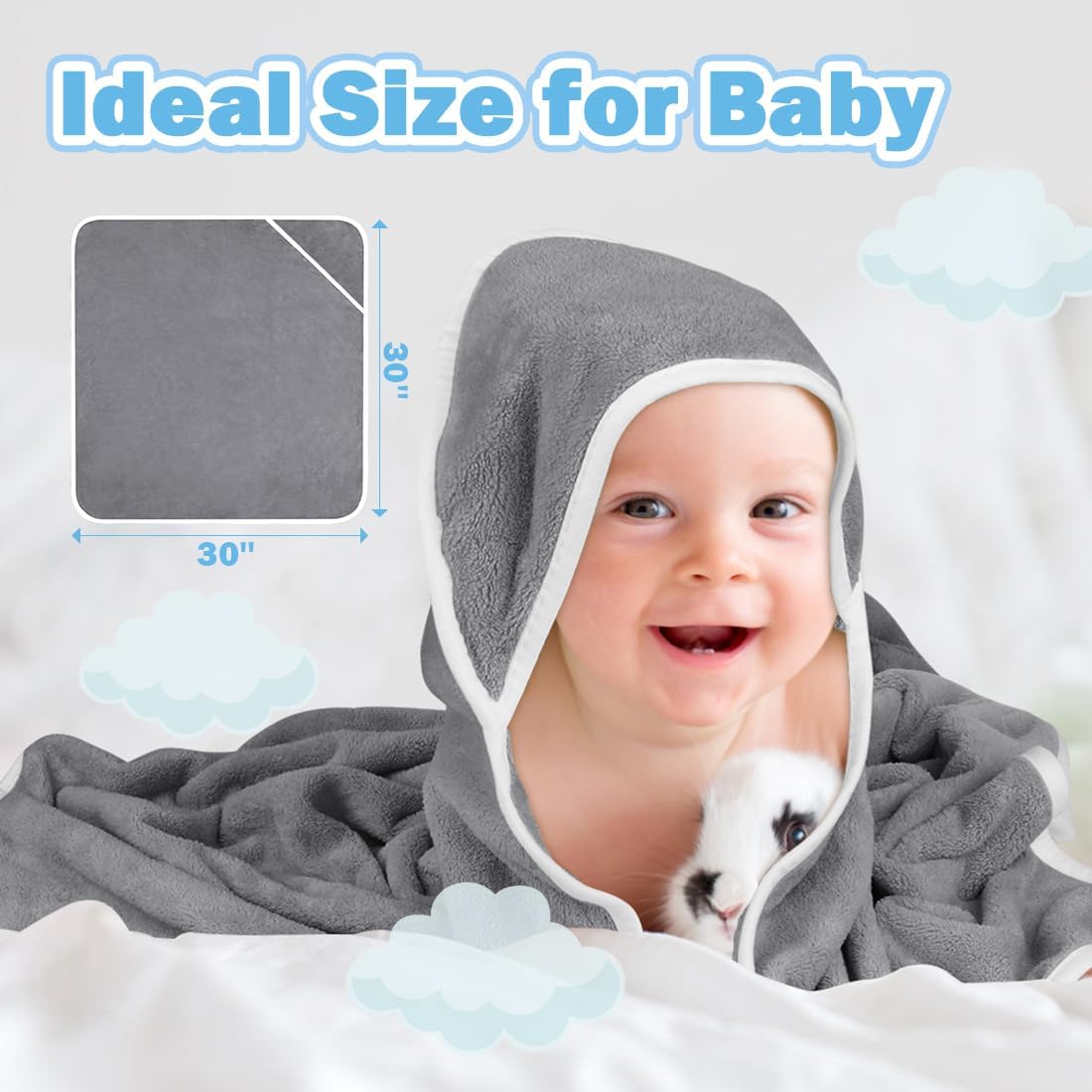 Orighty Baby Hooded Towel 6 Pack, 30 x 30 Inch Super Soft Bath Towel with Hood for Babies, Infant, Newborn Essential - Ideal Baby Stuff Registry Gift for Boys and Girls (Grey)