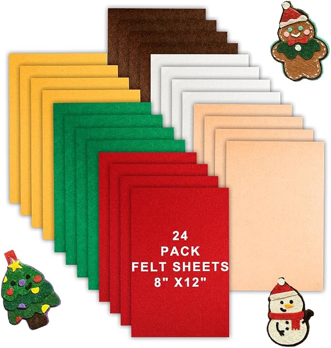 24 Pcs Felt Sheets for Crafts, 8 X 12 Inch Christmas Red Yellow White Fabric
