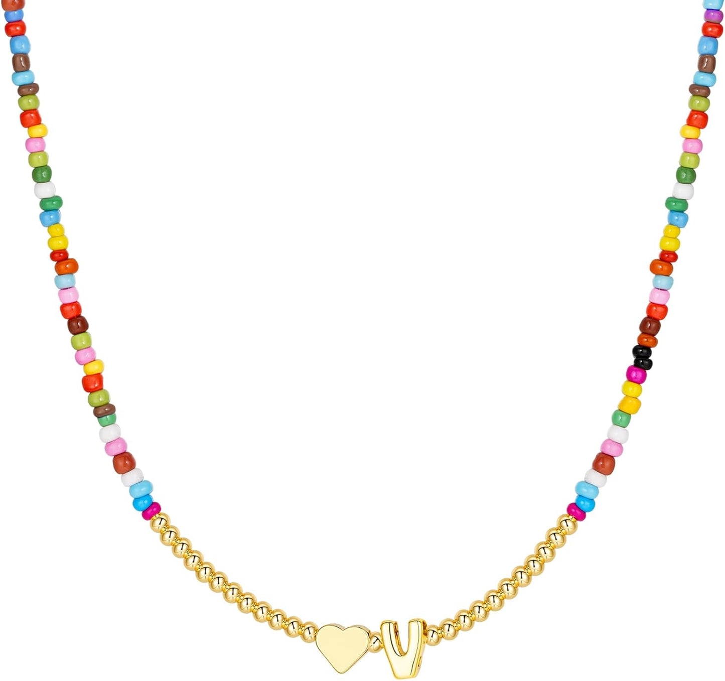 M MOOHAM Stocking Stuffers for Teen Girls Christmas Gifts - Heart Initial Necklaces for Women Kids Colorful Beaded Tiny Heart Initial Choker Necklace Jewelry for Teen Girls Trendy Birthday Gifts