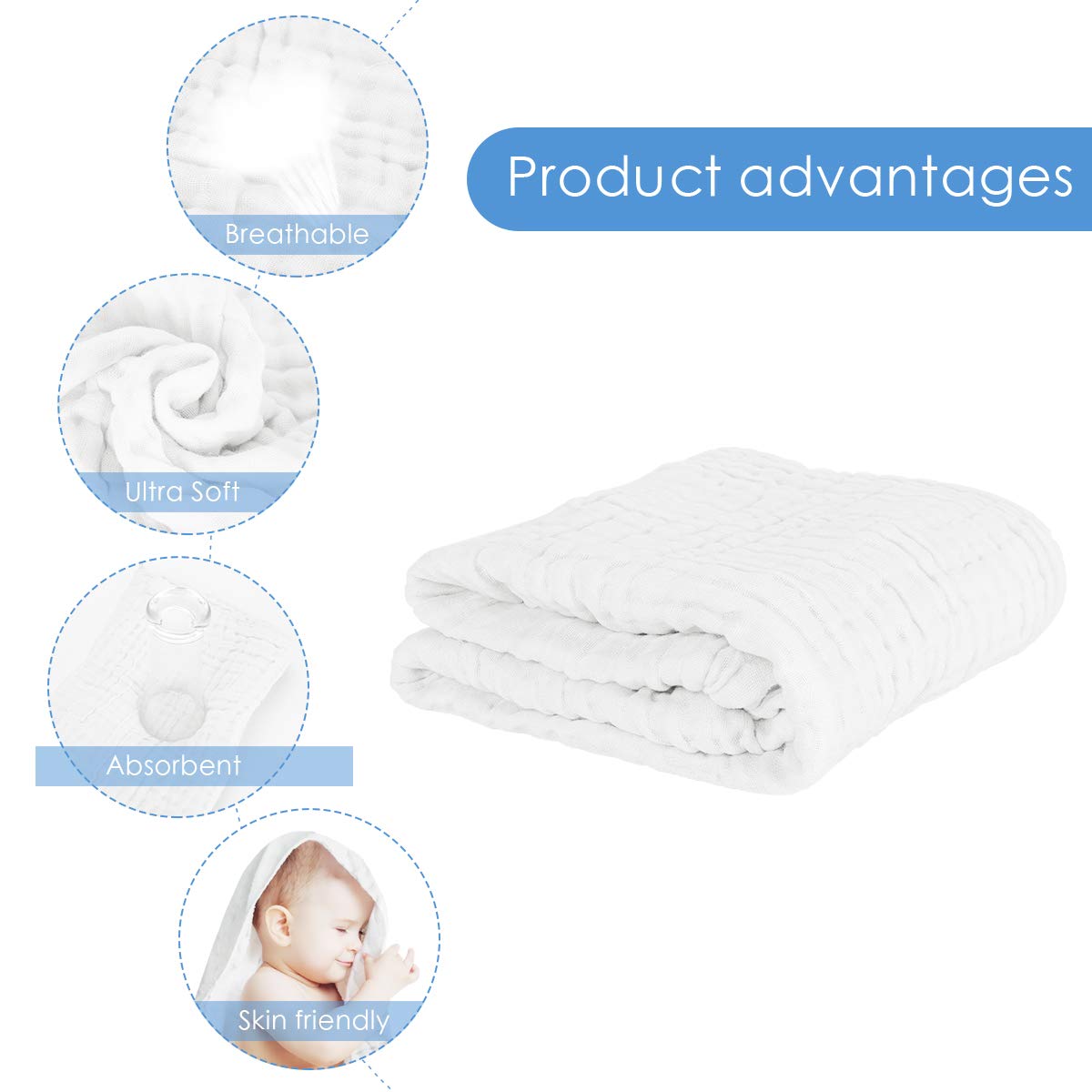 FOOK FISH Muslin Baby Towel Super Soft and Absorbent Cotton Baby Bath Towels 2 Pack 6 Layers Infant Newborn Blanket Toddler and Kids Large 40 x 40inches (White)