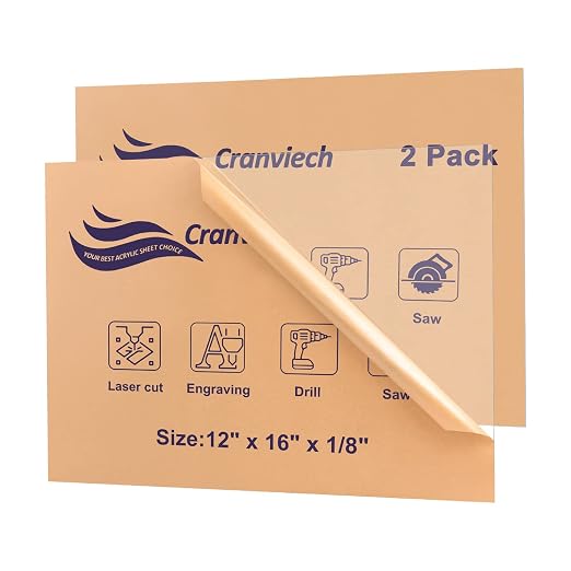 2 Pack Acrylic Sheets, Cranviech Clear Cast Plexiglass Sheet 12" x 16" x 1/8"