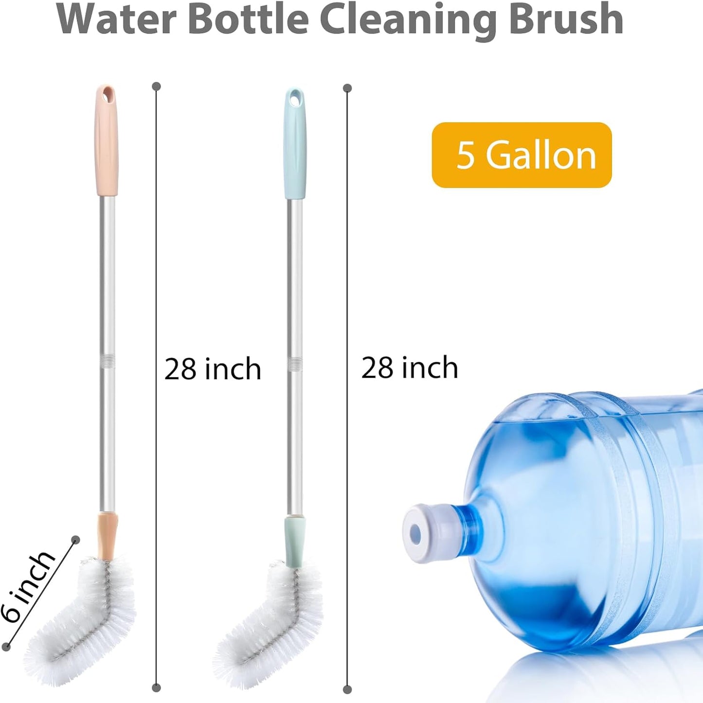Water Bottle Cleaning Brush, 2 Pack 28inch Bendable Water Bottle Brush Long Nylon Bristles with Stainless Steel Handle for 3 Gallon and 5 Gallon Water Bucket