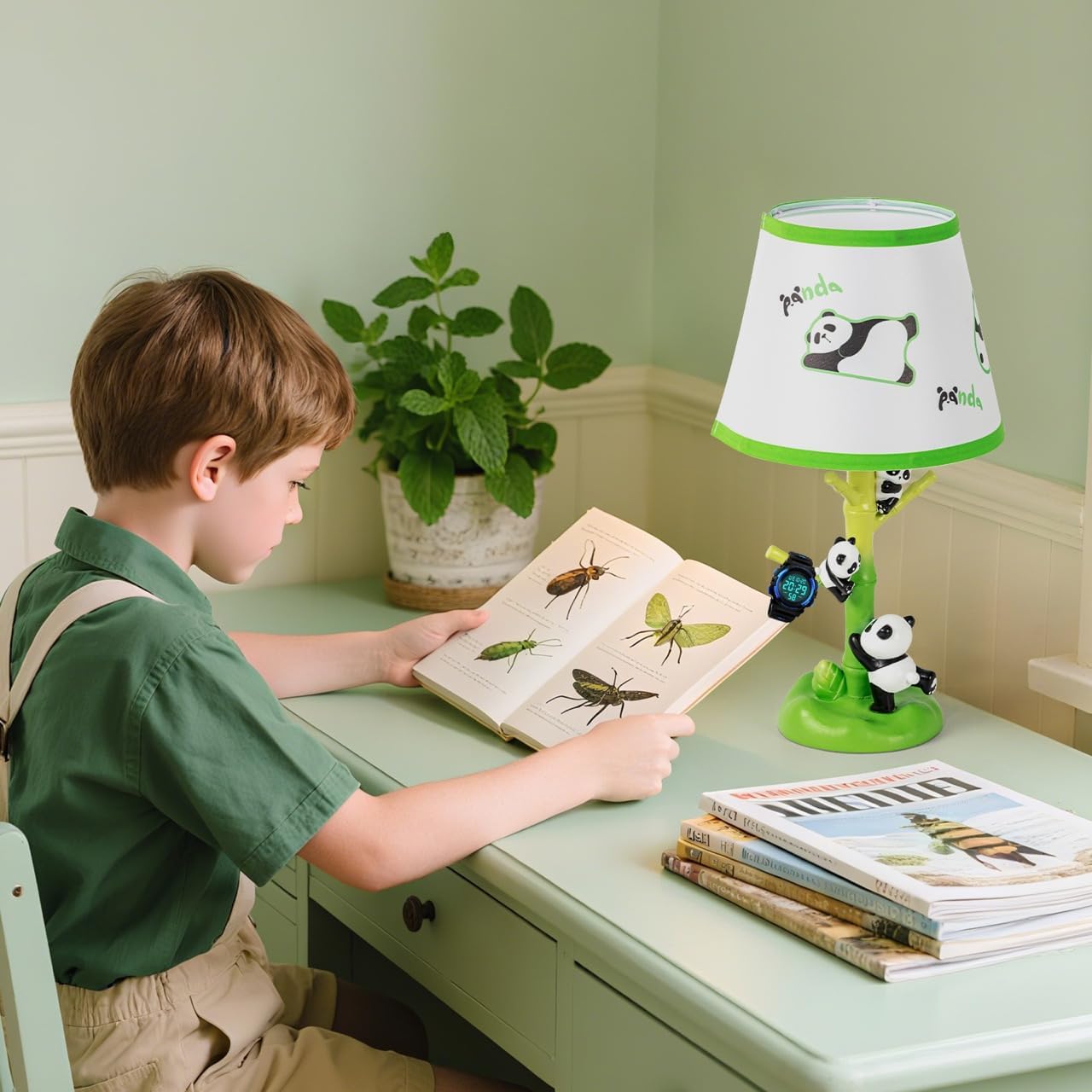 Table Lamp for Kids, 16 Inch Cute Panda Bedside Lamp with LED Bulb, Animal Resin Desk Lamp for Boys Girls Bedroom or Nursery Decor