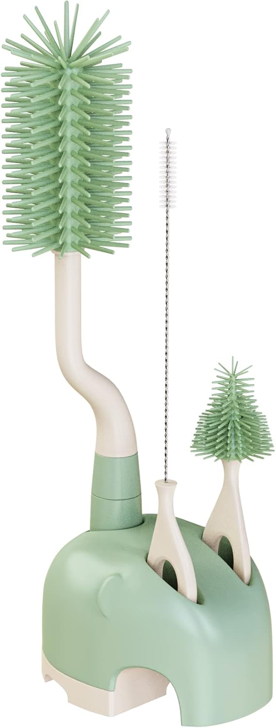 Silicone Bottle Brush Set with Stand, 360° Rotating Bottle Cleaning Brush Cleaner Set, Long Handle 3 in 1 Multipurpose Silicone Baby Bottle Straw Cleaner Brush (Green)