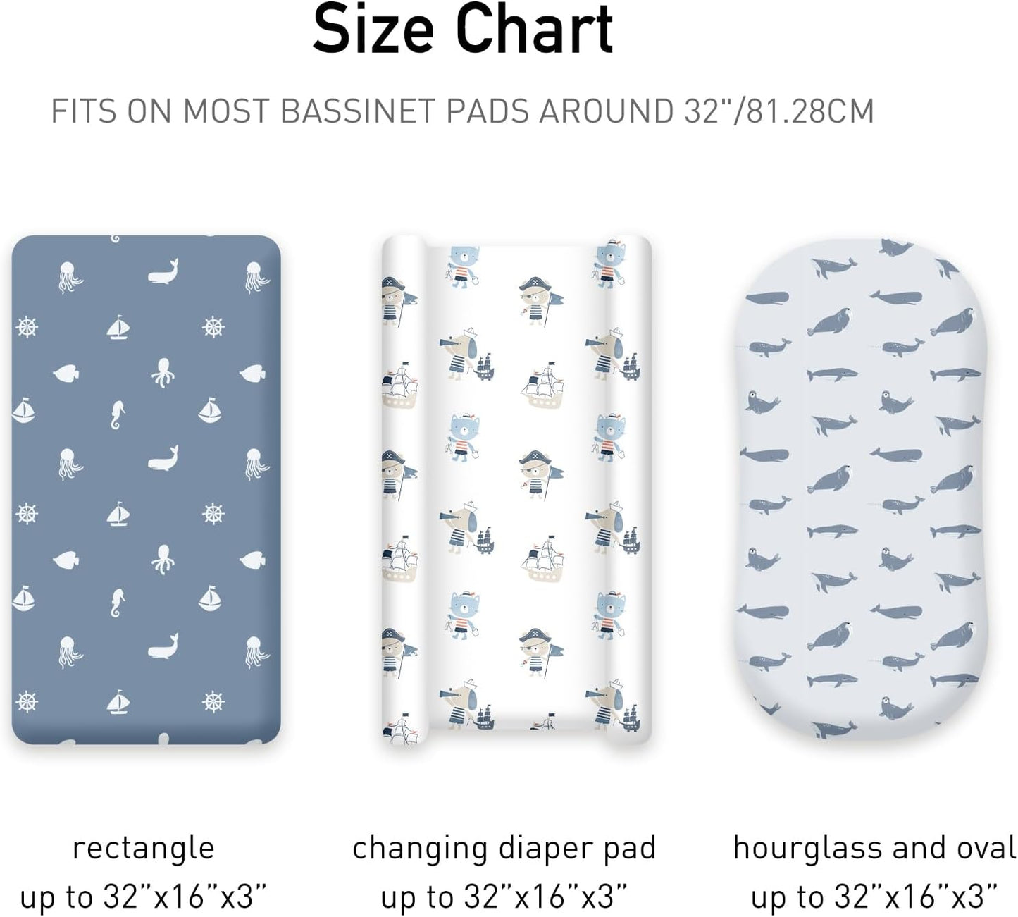 Baby Bassinet Sheets Girl Boy, Stretch Fitted Bassinet Sheet Set 3 Pack Bassinet Mattress Sheets Universal Fit for Rectangle, Round, Oval, Hourglass Mattress, Soft Breathable Blue Ocean Sailor