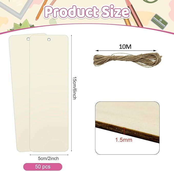 50 Sets 6 x 2 Inch Large Size Wooden Bookmarks
