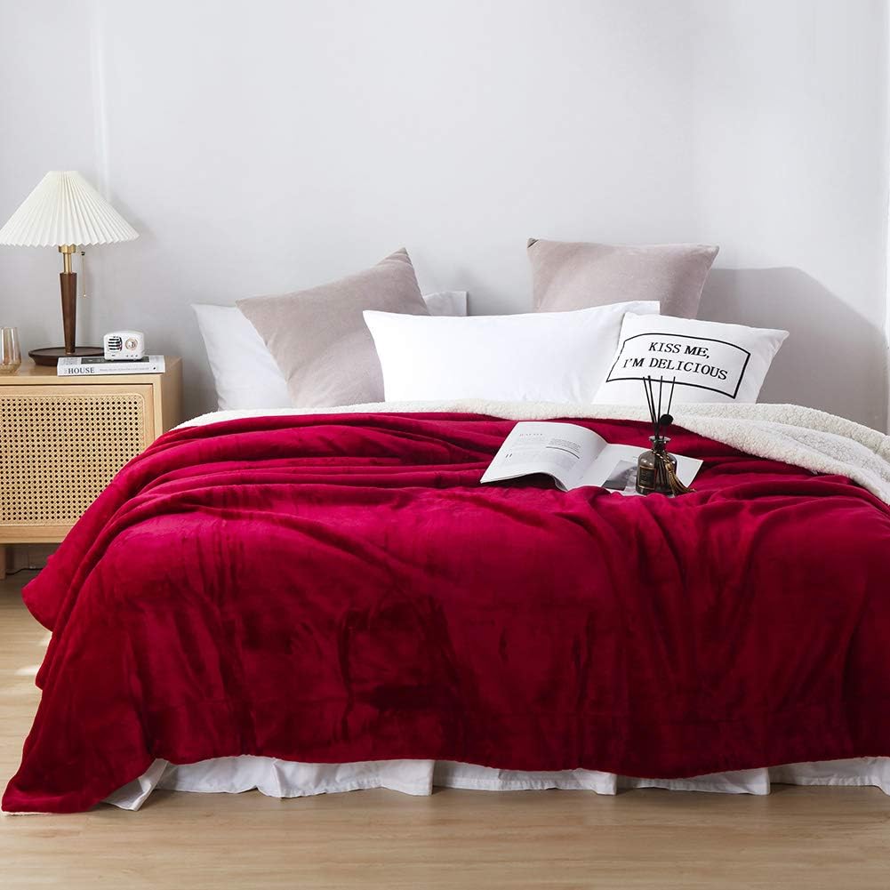 NANPIPER Bed Blanket Reversible Sherpa Flannel Blanket Super Soft Fuzzy Plush Fleece Microfiber (90"x90" Wine Red) Queen