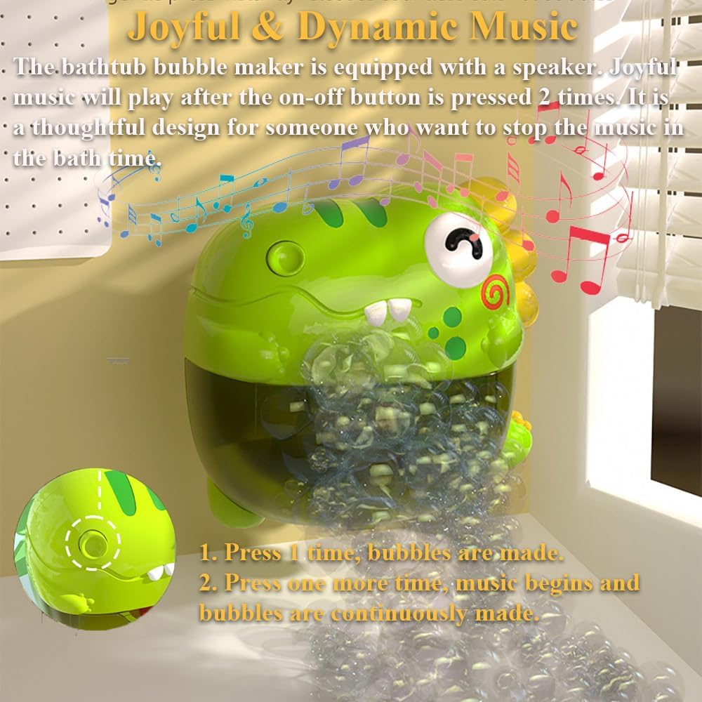 Dinosaur Bathtub Bubble Maker Toy, Dino Tub Bubble Blower Toy Electric Bubble Machine Bath Toy with Colorful Gradient Lights and Joyful Music, No Special Bubble Solution Needed