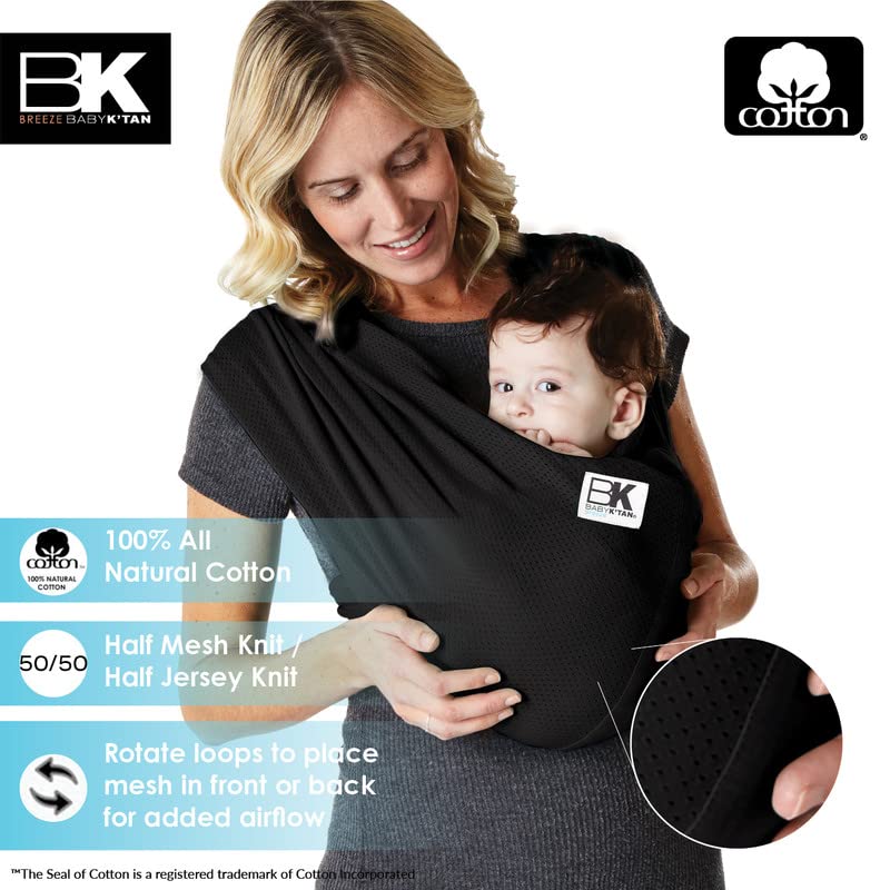 Breeze Baby K'tan Baby Carrier, #1 Easy Pre-Wrapped Baby Sling Gift | Breathable 100% Cotton Mesh | Hands Free Wrap for Infants | No Rings Or Buckles | Black | Medium