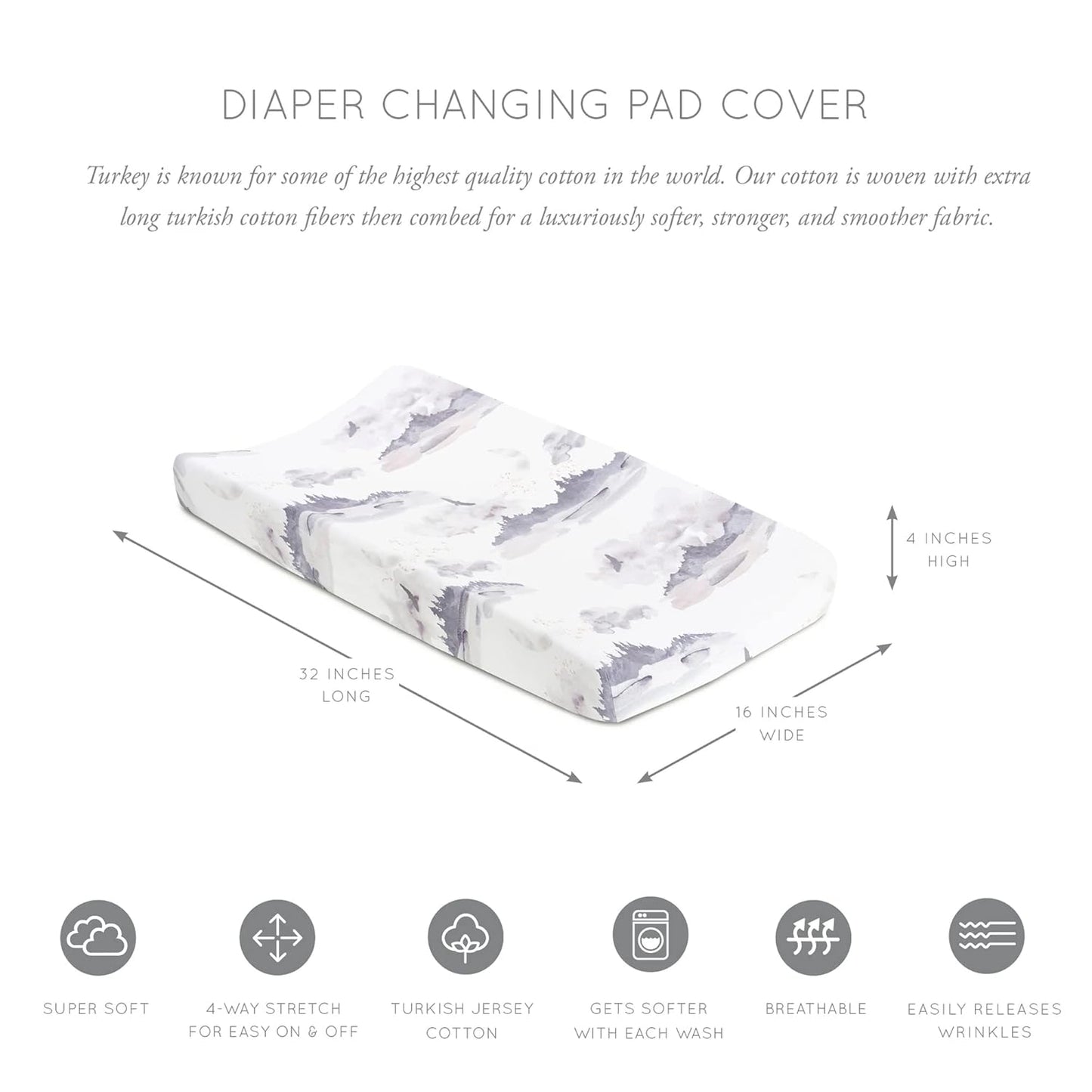 Oilo Changing Pad Cover, Breathable 100% Turkish Cotton Fitted Jersey, 300 Thread Count, Machine Washable, Fits Standard Changing Pads (32" x 16"), Girl, Boy, & Neutral Nursery Design, Misty Mountain