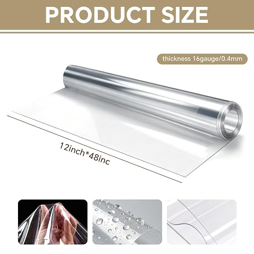 Clear Vinyl for Sewing, Transparent PVC Vinyl roll 12" x 48", 0.4mm Clear Vinyl