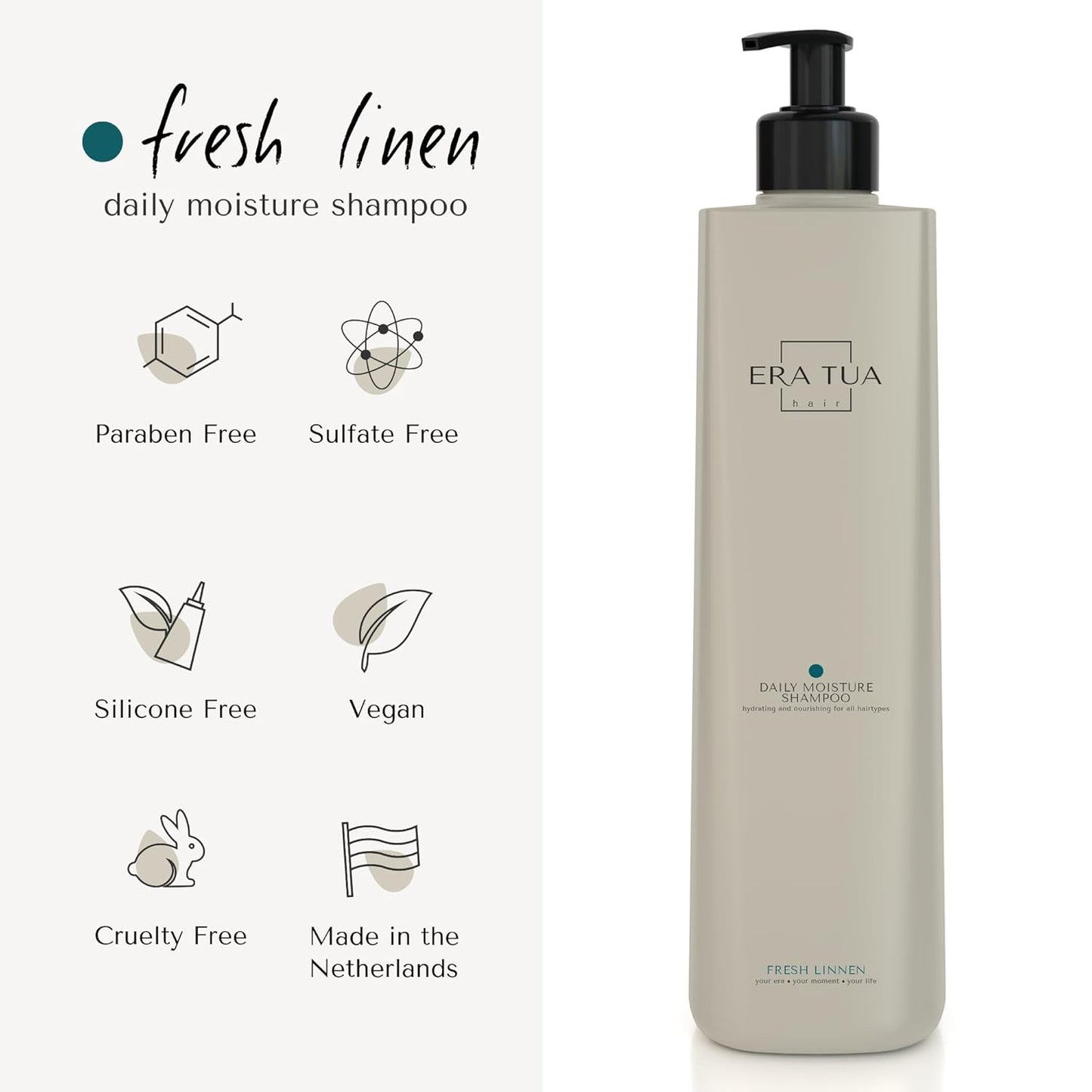 Fresh Linen Hydrating Shampoo | Dutch Made & Formulated Daily Moisture for Dry, Damaged Hair | Fresh, Uplifting Scent of Bergamot, Jasmine & Rose 750 ML