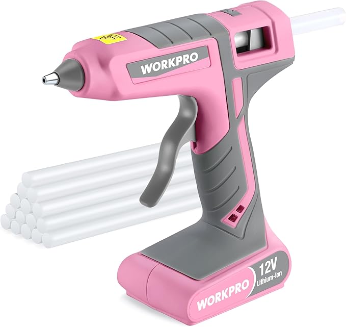 WORKPRO Full Size Cordless Hot Melt Glue Gun - 12V Rechargeable Fast Preheating