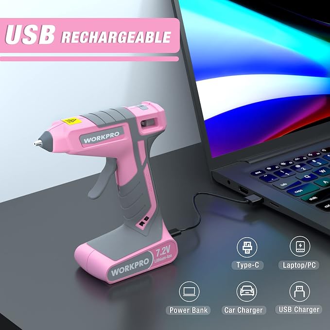 WORKPRO Pink Cordless Hot Melt Glue Gun, 7.2V Rechargeable Fast Preheating Glue